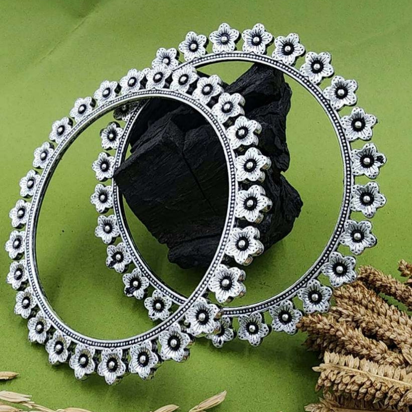 Mini Flower Oxidized Bangles - Set Of 2