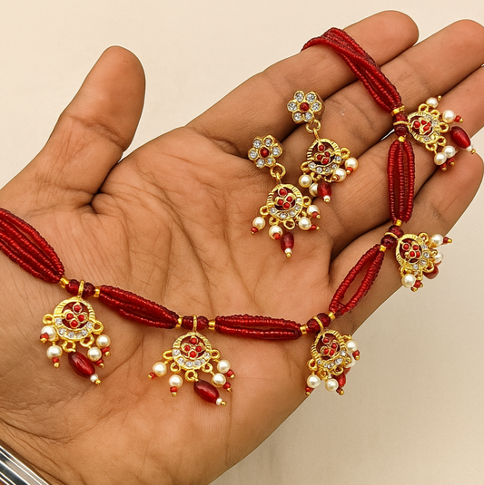Red Stone Beads Necklace With Earrings