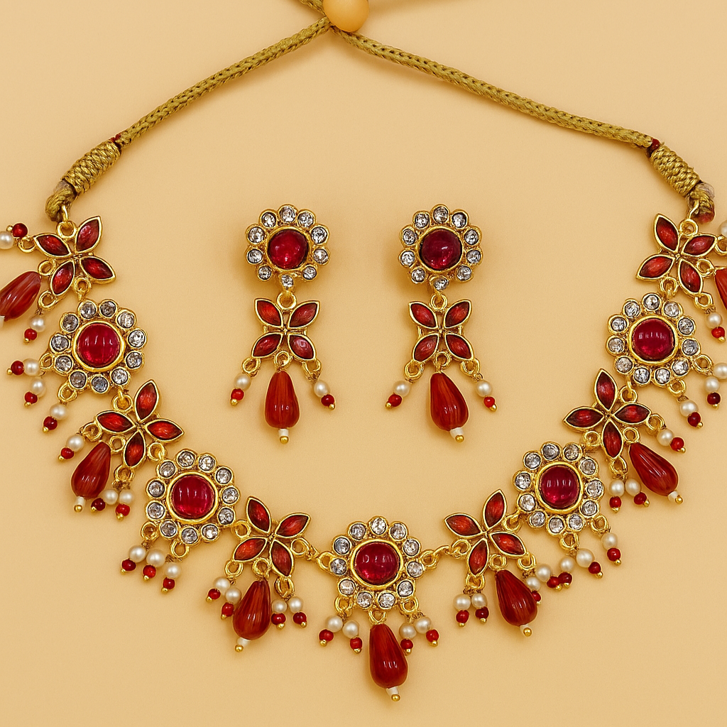 Red Stone Necklace With Earrings