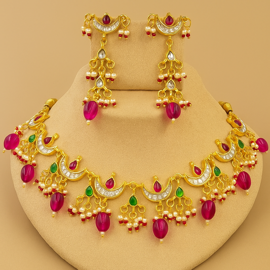 Pink Green Kundan Necklace With Earrings