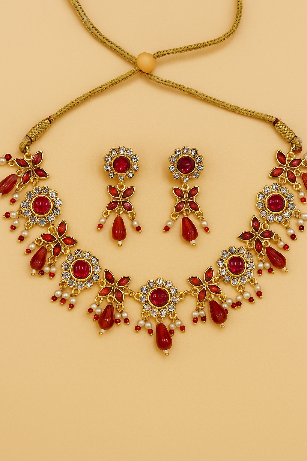 Red Stone Necklace With Earrings